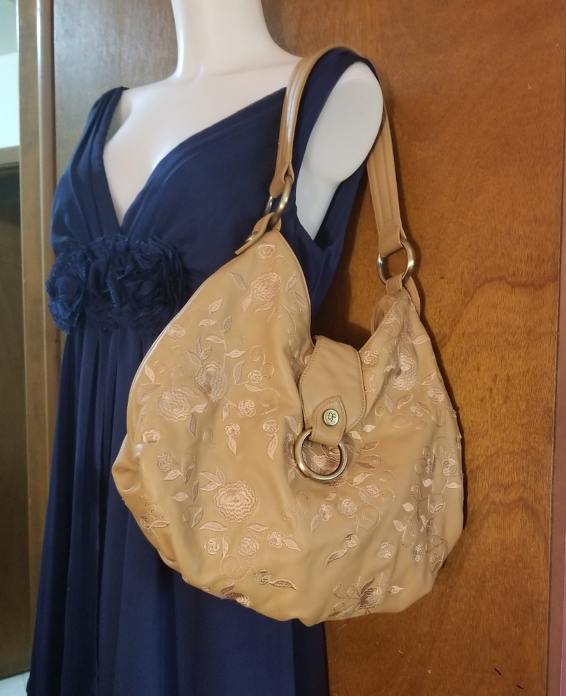 Donald J Pliner hobo bag beige floral embroidered